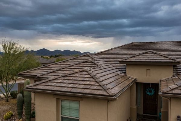 Westlake premium tile roof on an Arizona home with dramatic storm clouds in the background