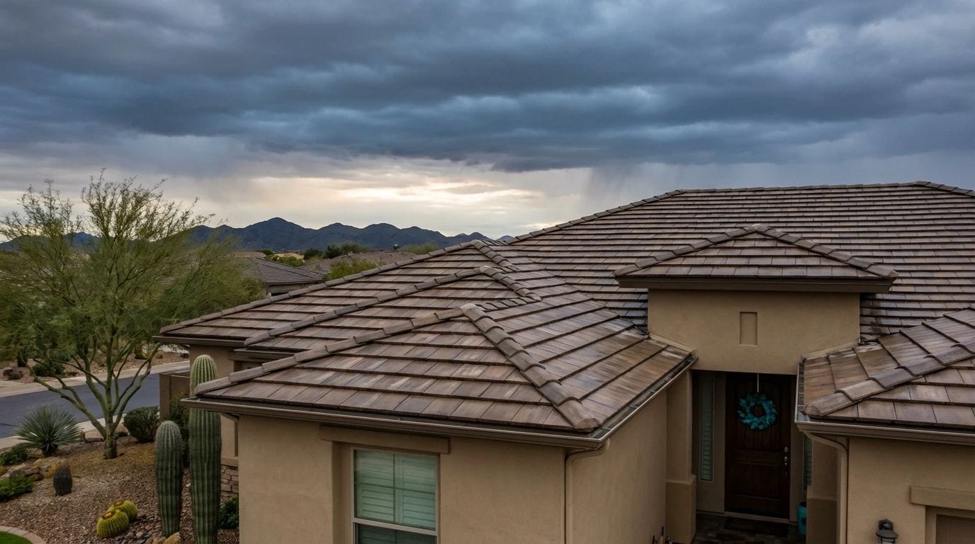 Arizona home roof under winter storm clouds