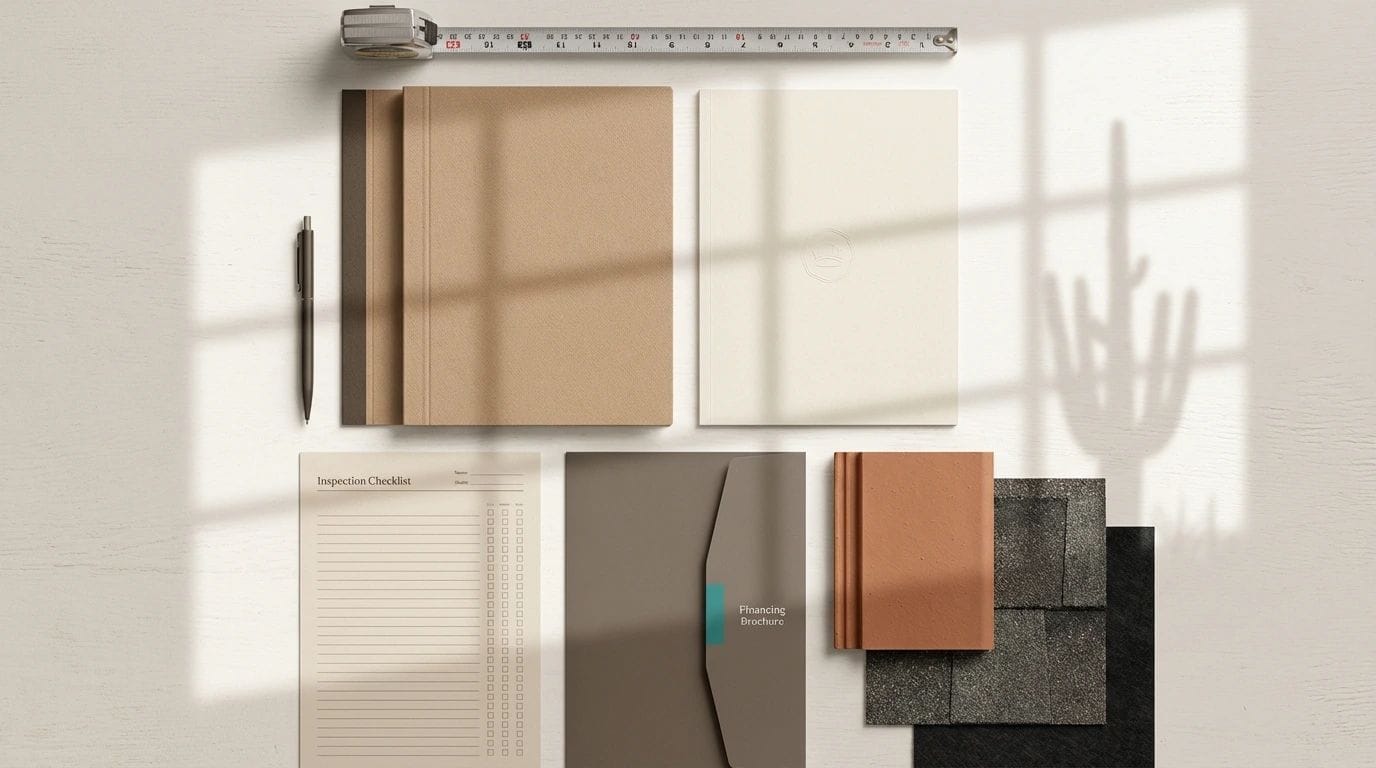 Roofing documents and warranty paperwork on a table