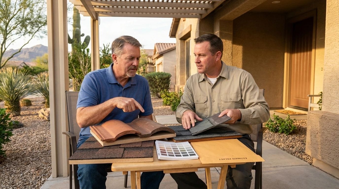 Homeowner meeting with roofing specialist reviewing options