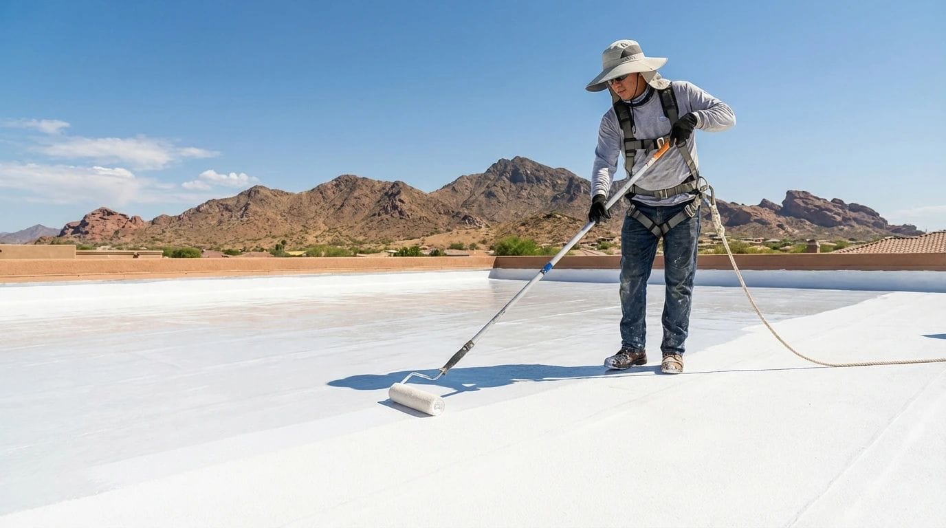 Technician applying white roof coating on a flat roof in Arizona