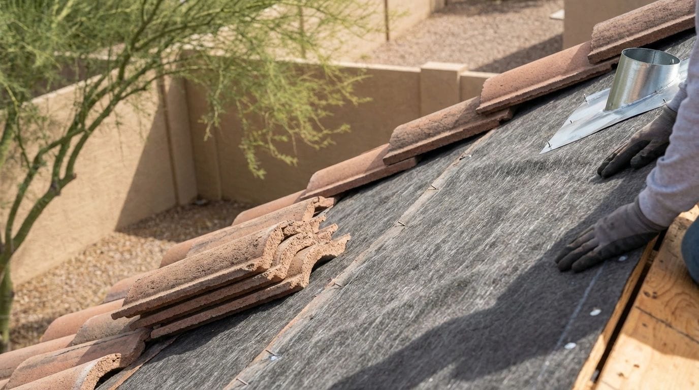 Tile roof section showing underlayment during replacement