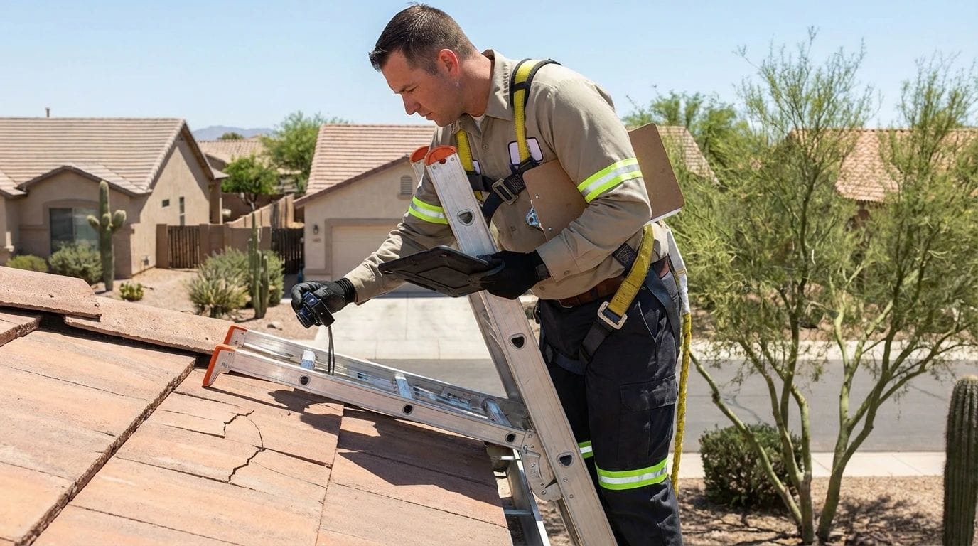 Roof inspector documenting condition on an Arizona home